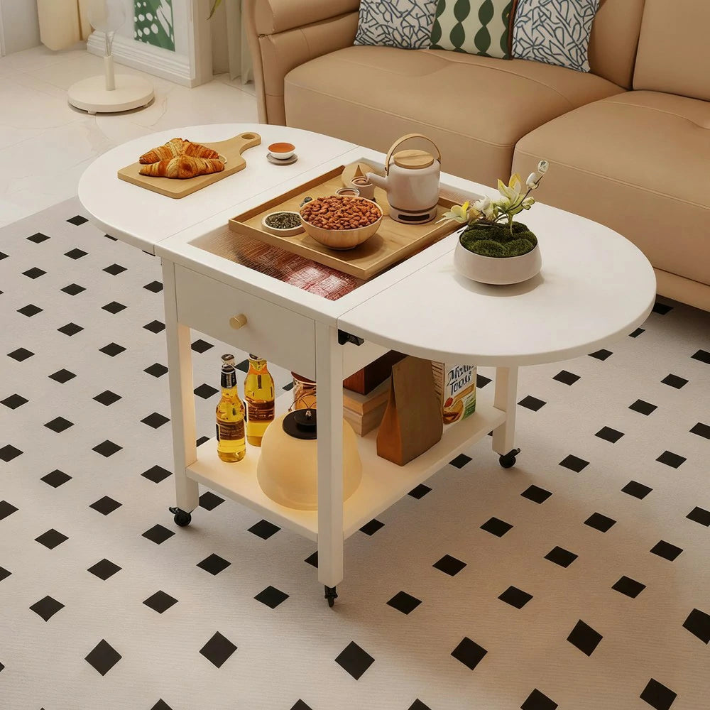 LIVARA Folding Coffee Table, 3-in-1 Convertible Design with Drawer, Solid Wood Frame, Extendable Top, Storage Shelf & Lockable Casters - White