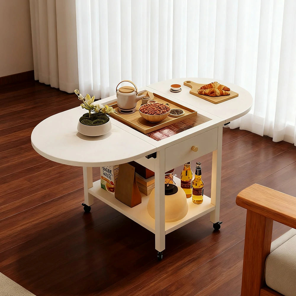 LIVARA Folding Coffee Table, 3-in-1 Convertible Design with Drawer, Solid Wood Frame, Extendable Top, Storage Shelf & Lockable Casters - White