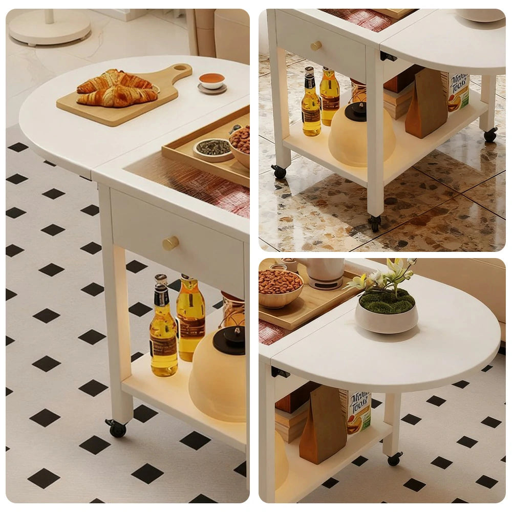 LIVARA Folding Coffee Table, 3-in-1 Convertible Design with Drawer, Solid Wood Frame, Extendable Top, Storage Shelf & Lockable Casters - White