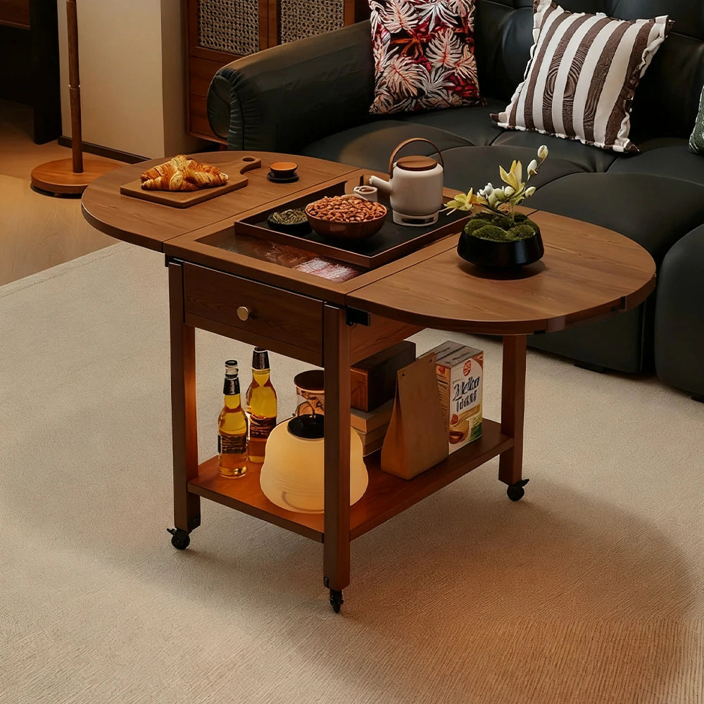 LIVARA Folding Coffee Table, 3-in-1 Convertible Design with Drawer, Solid Wood Frame, Extendable Top, Storage Shelf & Lockable Casters - Walnut