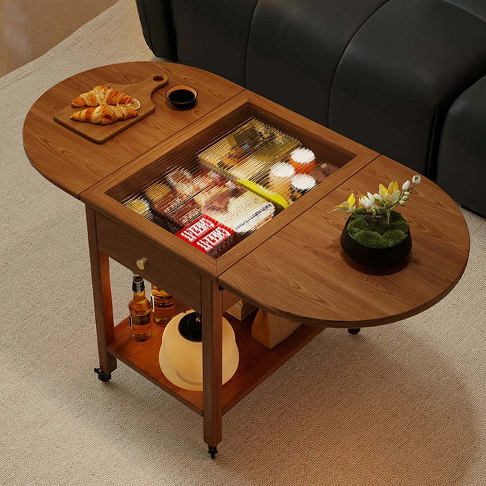 LIVARA Folding Coffee Table, 3-in-1 Convertible Design with Drawer, Solid Wood Frame, Extendable Top, Storage Shelf & Lockable Casters - Walnut