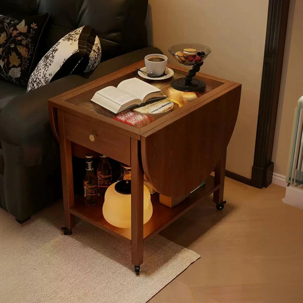 LIVARA Folding Coffee Table, 3-in-1 Convertible Design with Drawer, Solid Wood Frame, Extendable Top, Storage Shelf & Lockable Casters - Walnut