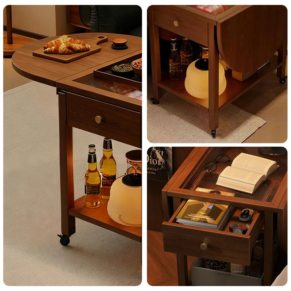 LIVARA Folding Coffee Table, 3-in-1 Convertible Design with Drawer, Solid Wood Frame, Extendable Top, Storage Shelf & Lockable Casters - Walnut