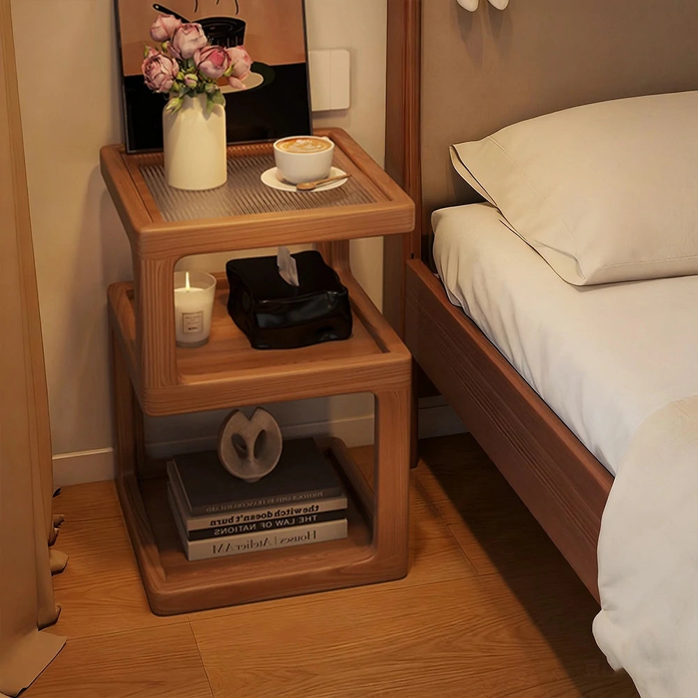 LIVARA Coffee Table with Storage Shelves, Ribbed Glass Top, Solid Wood Frame, Multi-Tier Organizer, Rounded Corners - Wood