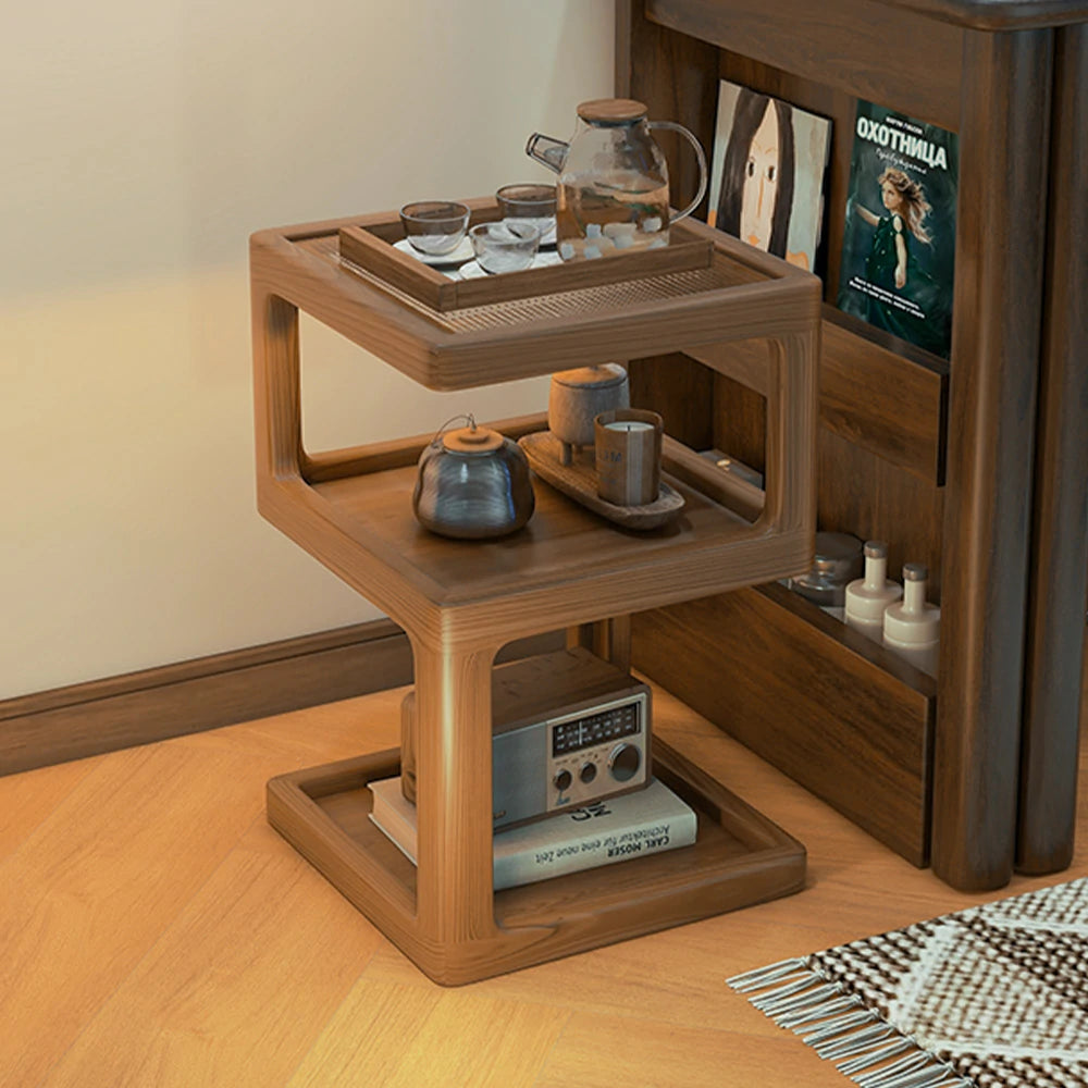 LIVARA Coffee Table with Storage Shelves, Ribbed Glass Top, Solid Wood Frame, Multi-Tier Organizer, Rounded Corners - Wood