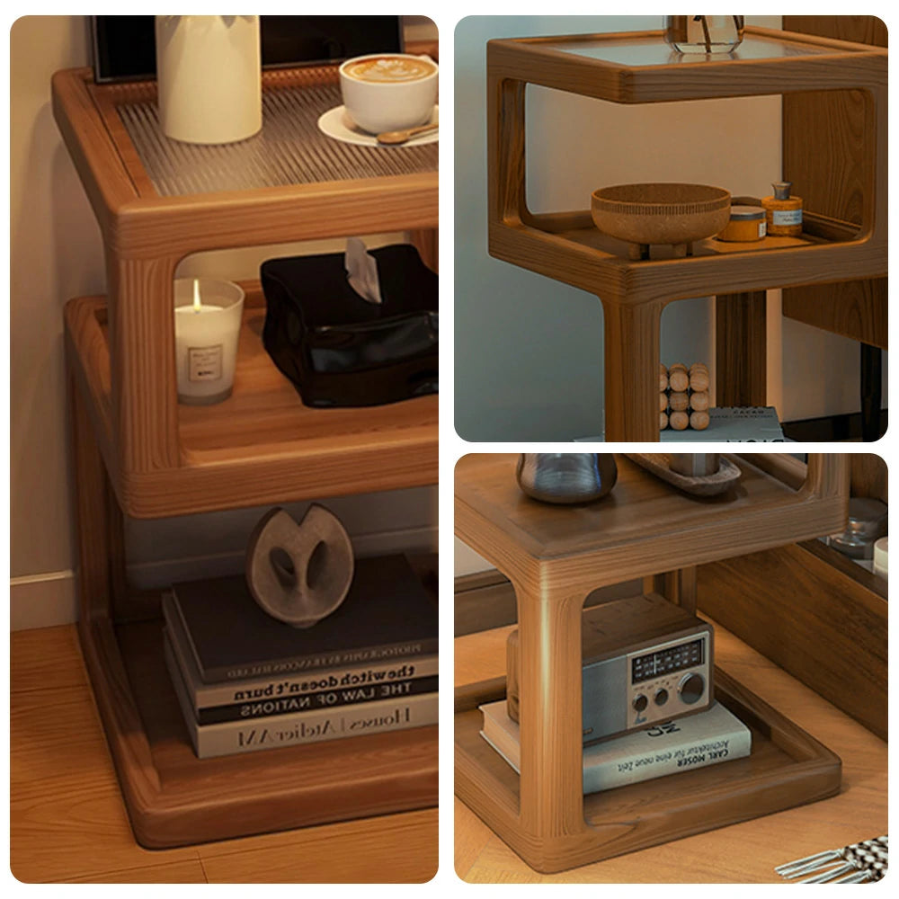 LIVARA Coffee Table with Storage Shelves, Ribbed Glass Top, Solid Wood Frame, Multi-Tier Organizer, Rounded Corners - Wood