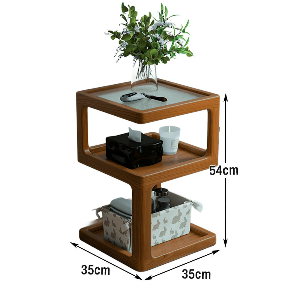 LIVARA Coffee Table with Storage Shelves, Ribbed Glass Top, Solid Wood Frame, Multi-Tier Organizer, Rounded Corners - Wood