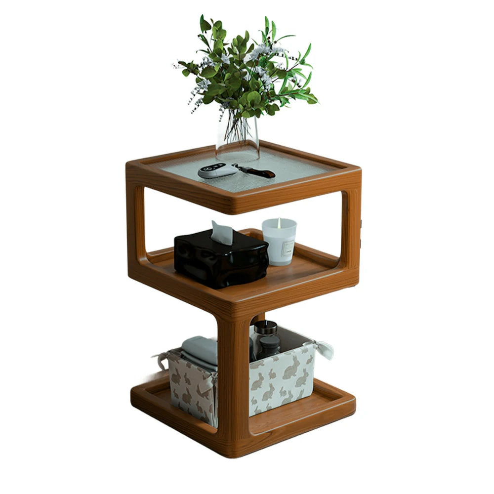 LIVARA Coffee Table with Storage Shelves, Ribbed Glass Top, Solid Wood Frame, Multi-Tier Organizer, Rounded Corners - Wood