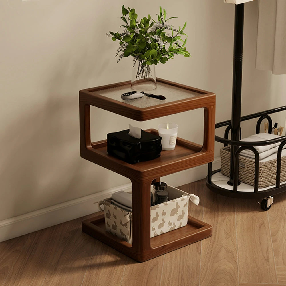 LIVARA Coffee Table with Storage Shelves, Ribbed Glass Top, Solid Wood Frame, Multi-Tier Organizer, Rounded Corners - Walnut