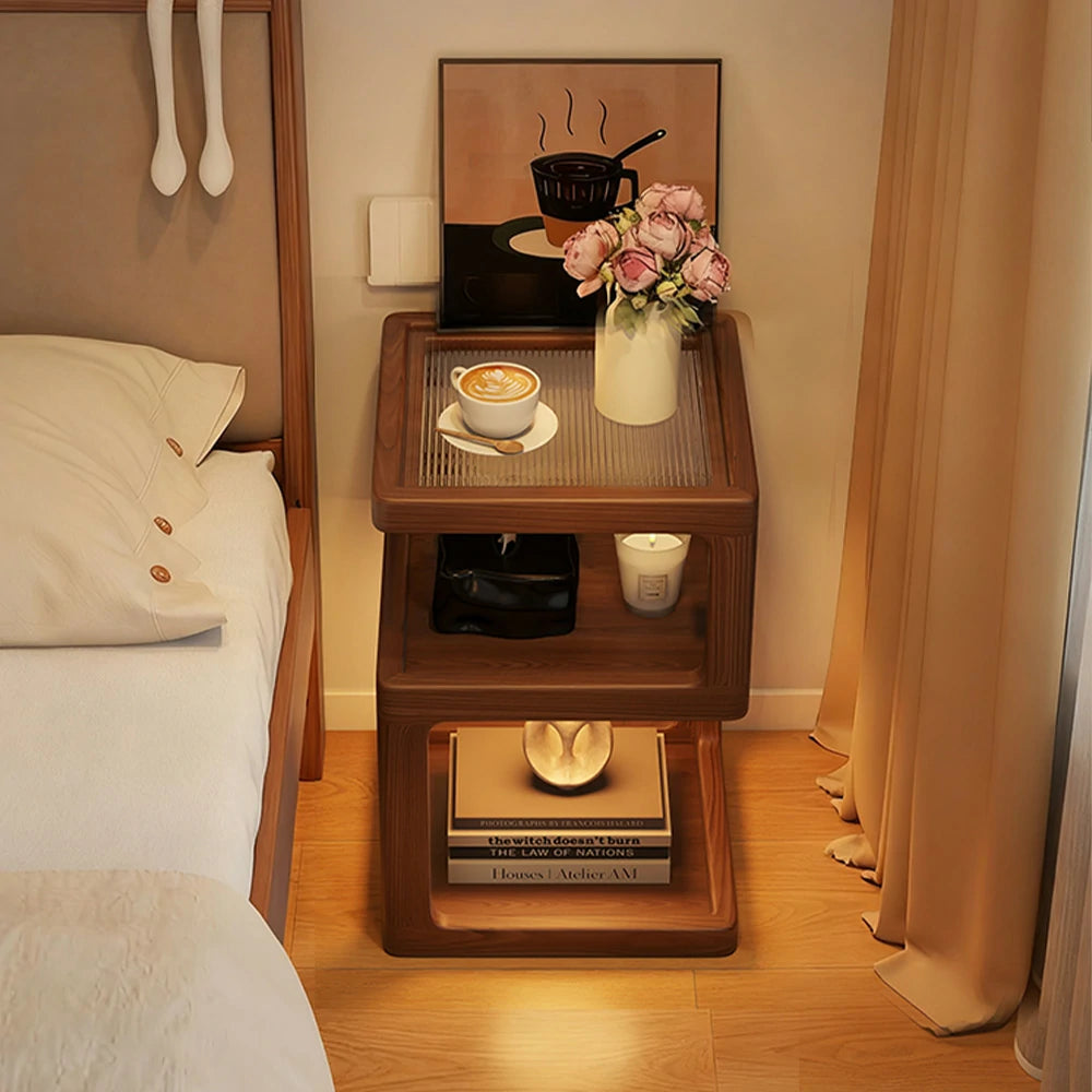 LIVARA Coffee Table with Storage Shelves, Ribbed Glass Top, Solid Wood Frame, Multi-Tier Organizer, Rounded Corners - Walnut