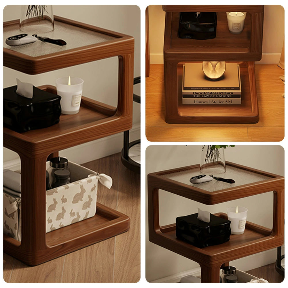 LIVARA Coffee Table with Storage Shelves, Ribbed Glass Top, Solid Wood Frame, Multi-Tier Organizer, Rounded Corners - Walnut