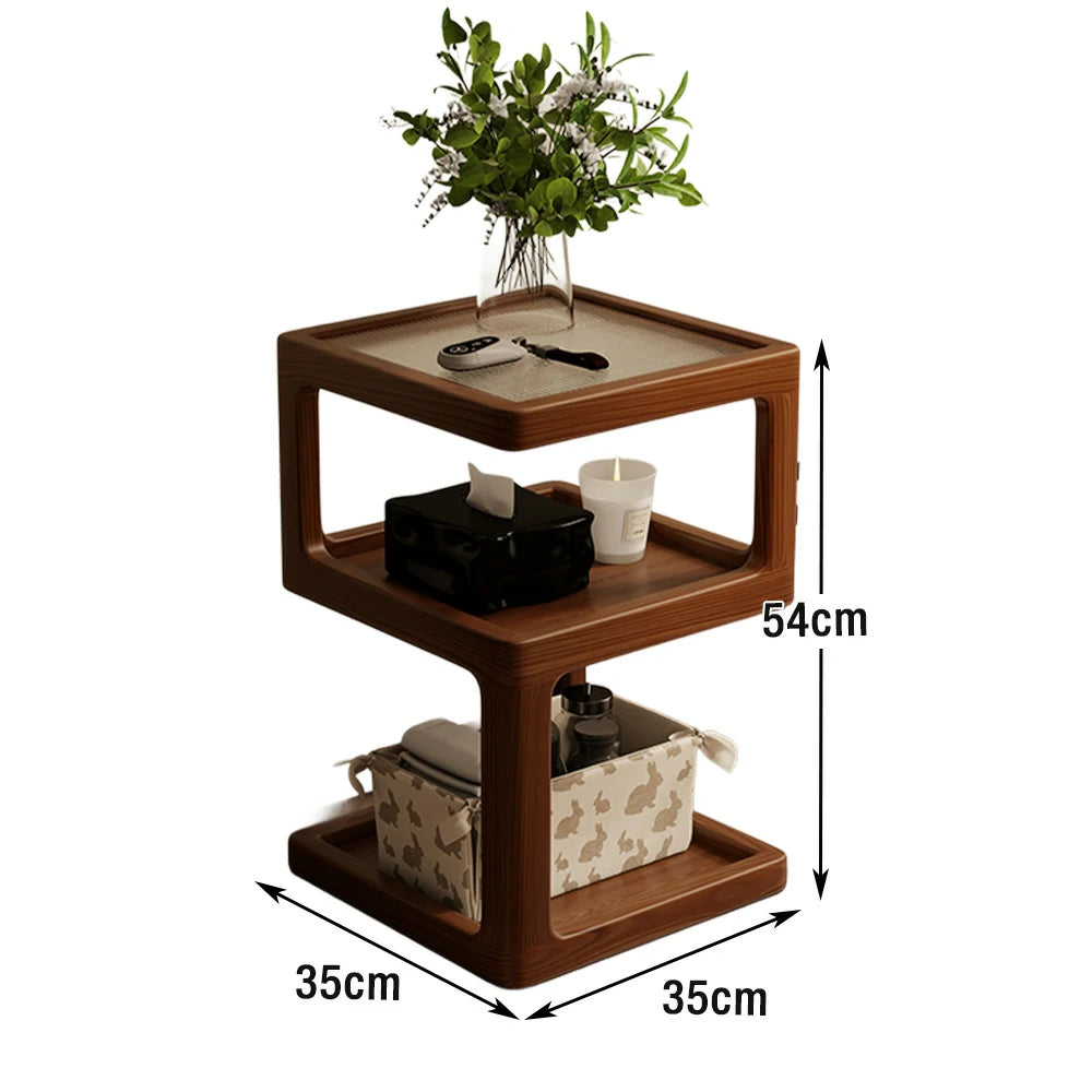 LIVARA Coffee Table with Storage Shelves, Ribbed Glass Top, Solid Wood Frame, Multi-Tier Organizer, Rounded Corners - Walnut