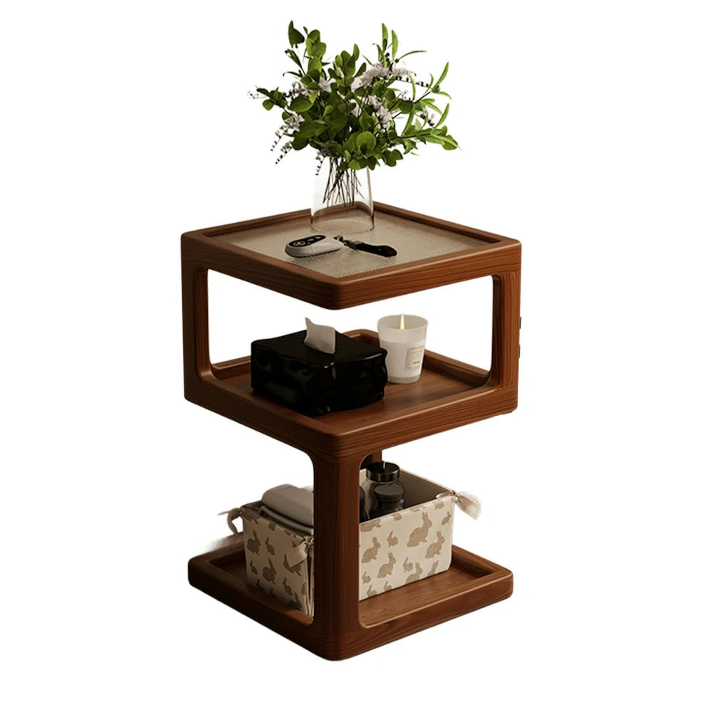 LIVARA Coffee Table with Storage Shelves, Ribbed Glass Top, Solid Wood Frame, Multi-Tier Organizer, Rounded Corners - Walnut