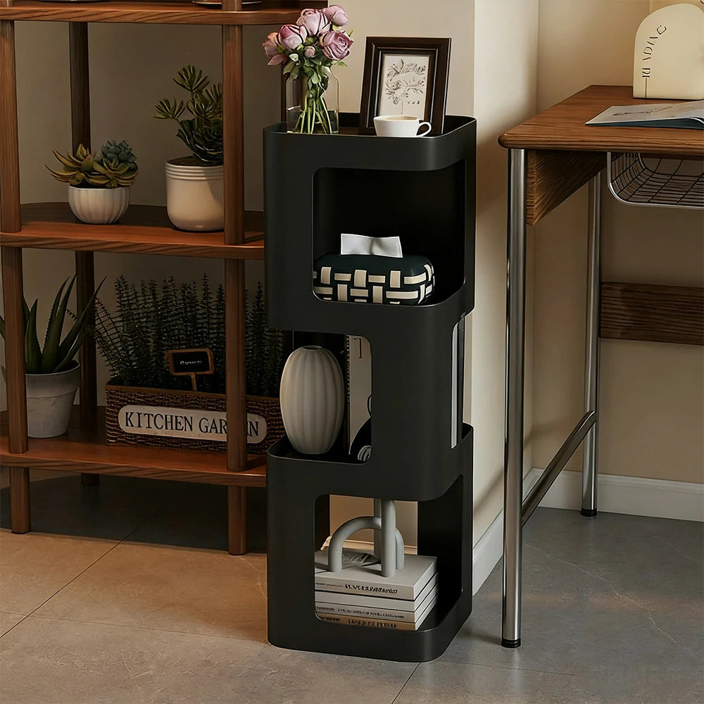 LIVARA 3-Tier Storage Side Table, Heavy-Duty Iron Frame, Raised Edges, Compact Design, Rounded Corners - Black