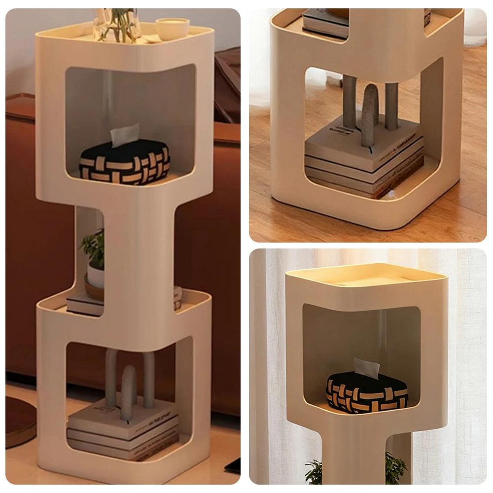 LIVARA 3-Tier Storage Side Table, Heavy-Duty Iron Frame, Raised Edges, Compact Design, Rounded Corners - White