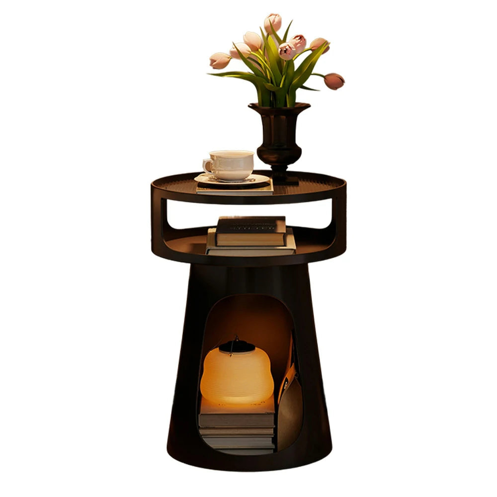 LIVARA 3-Tier Glass Side Table, Heavy-Duty Iron Frame, Raised Edges, Compact Storage, Anti-Noise Base - Black