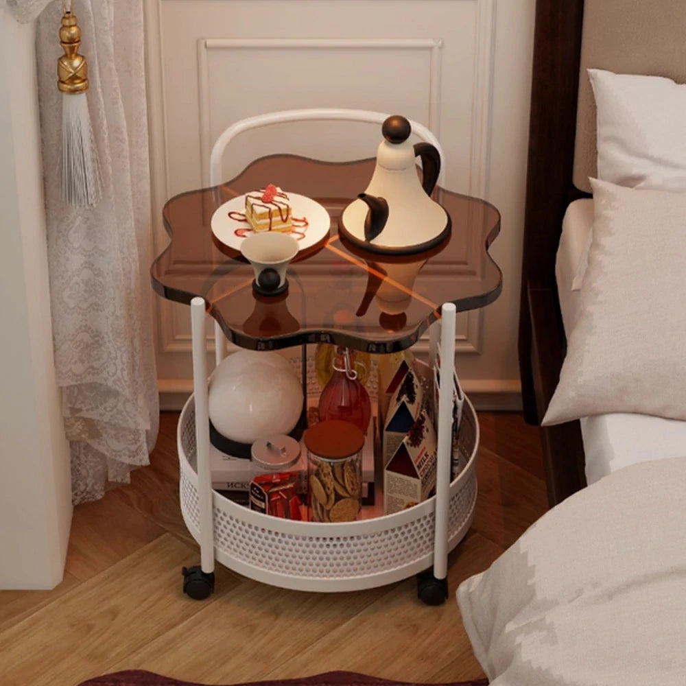 LIVARA Bedside Storage Table, Petal-Shaped Design, Tempered Glass Top, Dual-Tier Storage with Lockable Wheels - Brown