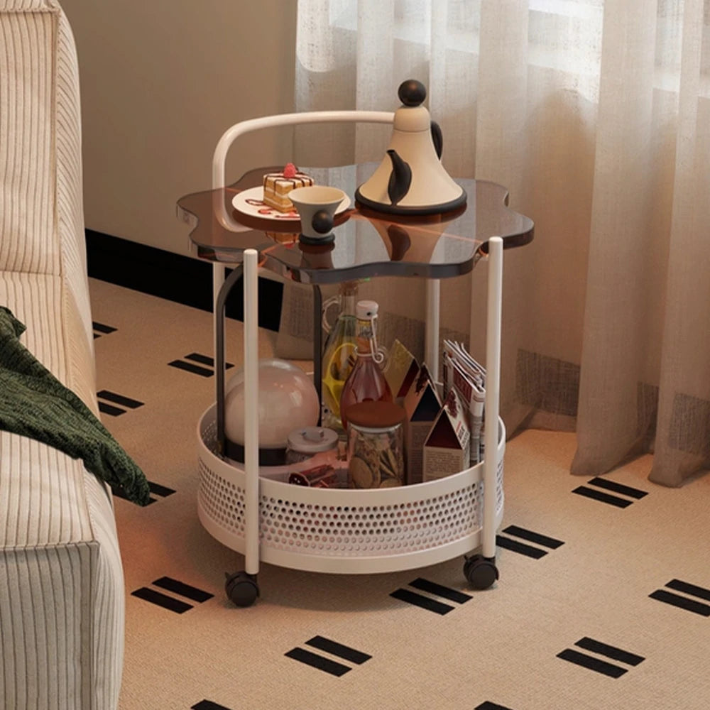 LIVARA Bedside Storage Table, Petal-Shaped Design, Tempered Glass Top, Dual-Tier Storage with Lockable Wheels - Brown