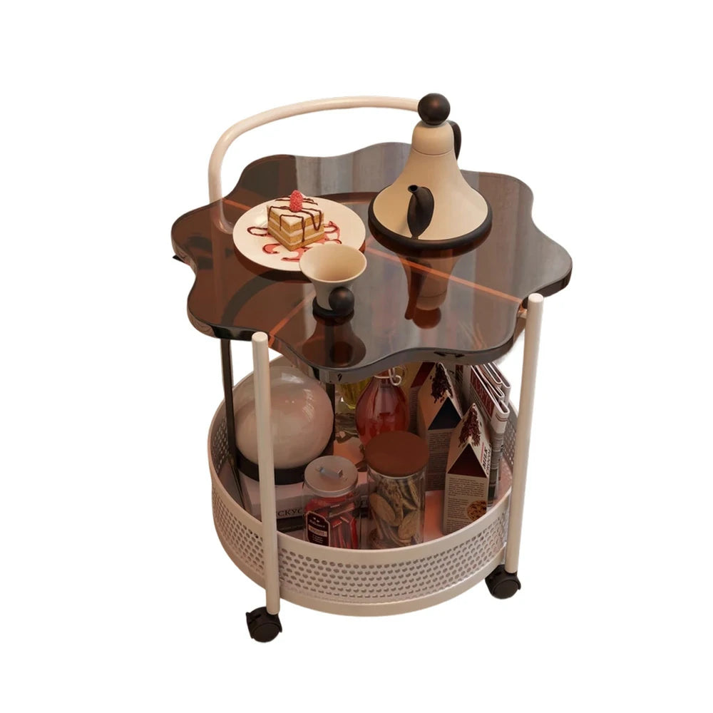 LIVARA Bedside Storage Table, Petal-Shaped Design, Tempered Glass Top, Dual-Tier Storage with Lockable Wheels - Brown