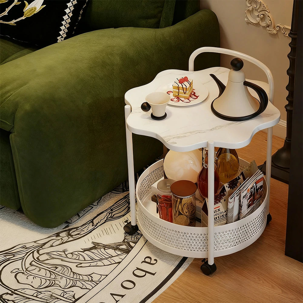 LIVARA Bedside Storage Table, Petal-Shaped Design, Sintered Stone Top, Dual-Tier Storage with Lockable Wheels - White