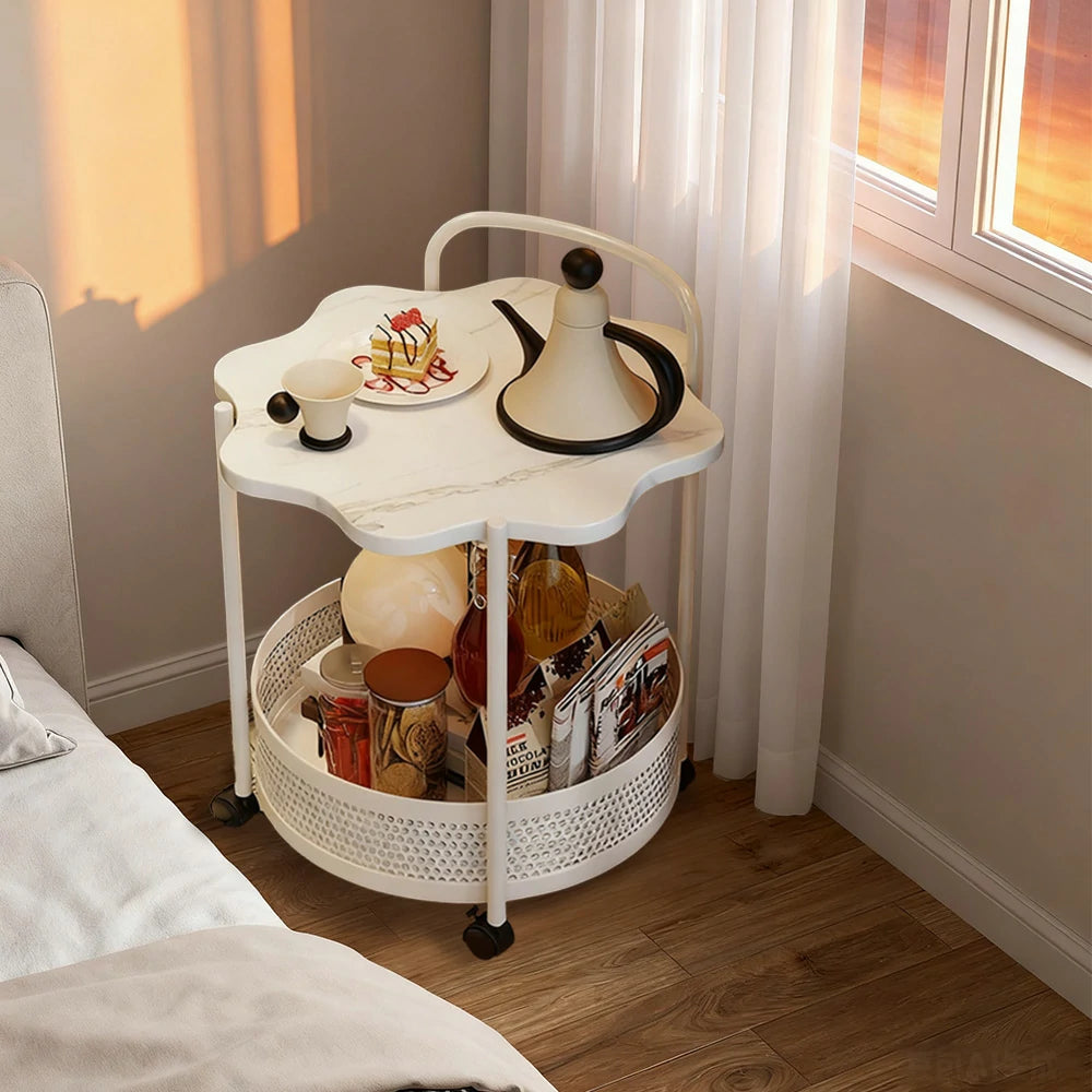 LIVARA Bedside Storage Table, Petal-Shaped Design, Sintered Stone Top, Dual-Tier Storage with Lockable Wheels - White