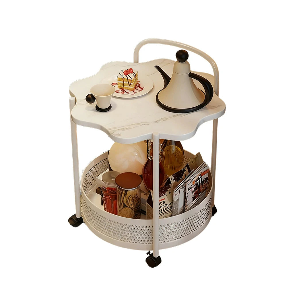 LIVARA Bedside Storage Table, Petal-Shaped Design, Sintered Stone Top, Dual-Tier Storage with Lockable Wheels - White