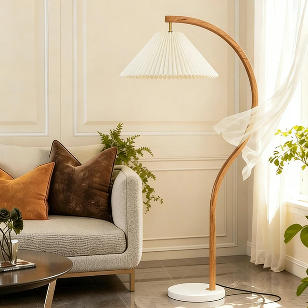 LIVARA Floor Lamp Three-Mode Lighting Fabric Shade Iron Body Marble Base Stable Design - Wood