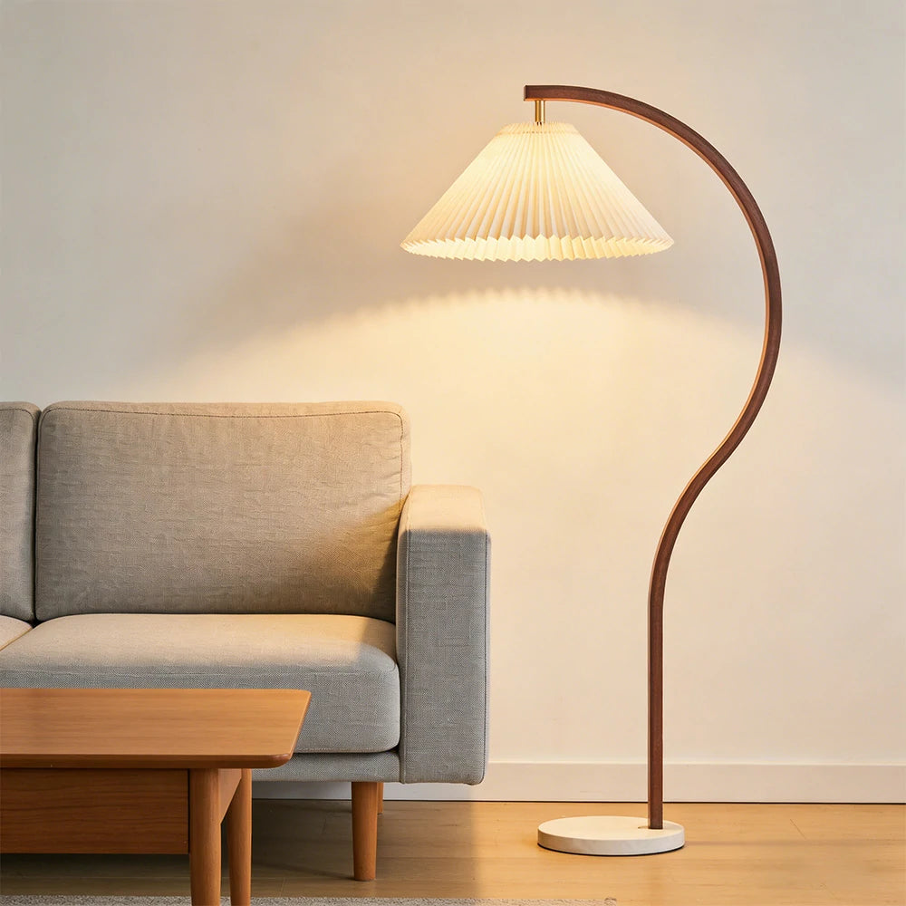 LIVARA Floor Lamp Three-Mode Lighting Fabric Shade Iron Body Marble Base Stable Design - Walnut