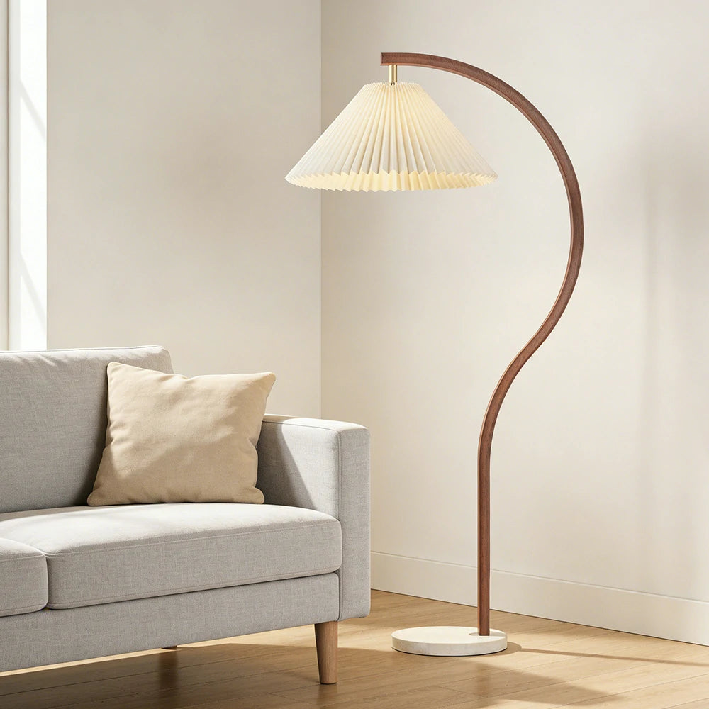 LIVARA Floor Lamp Three-Mode Lighting Fabric Shade Iron Body Marble Base Stable Design - Walnut