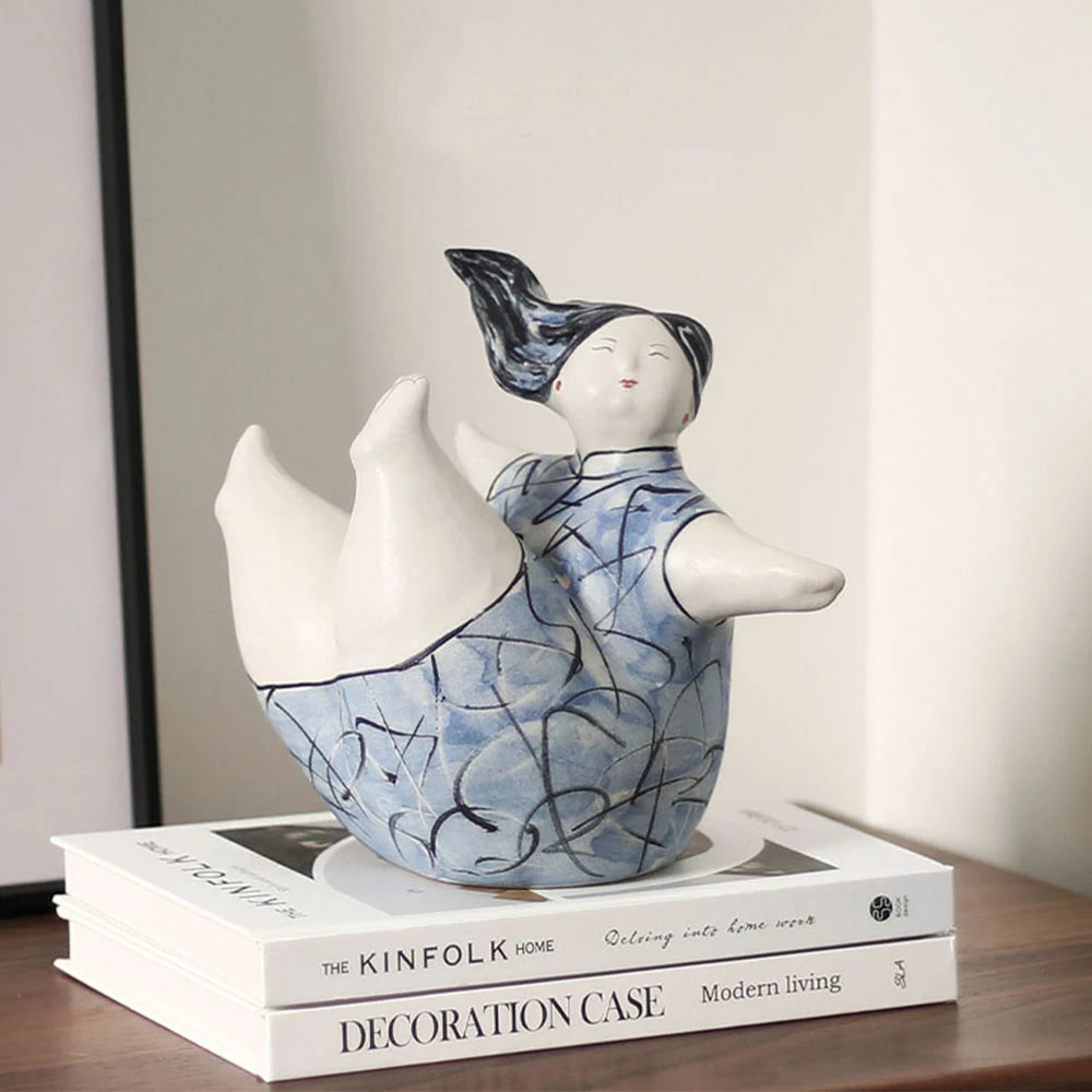 LIVARA Sculptural Ceramic Figurine - Expressive Dancing Form with Hand-Painted Line Art Finish, Artistic Statement Decor for Modern Interiors - Blue
