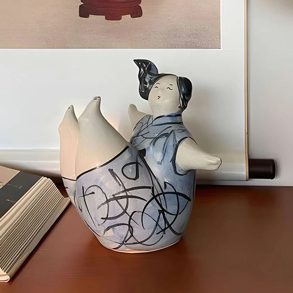 LIVARA Sculptural Ceramic Figurine - Expressive Dancing Form with Hand-Painted Line Art Finish, Artistic Statement Decor for Modern Interiors - Blue