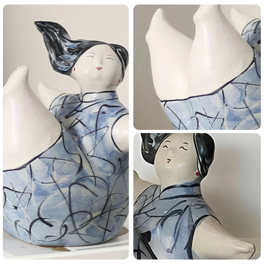 LIVARA Sculptural Ceramic Figurine - Expressive Dancing Form with Hand-Painted Line Art Finish, Artistic Statement Decor for Modern Interiors - Blue