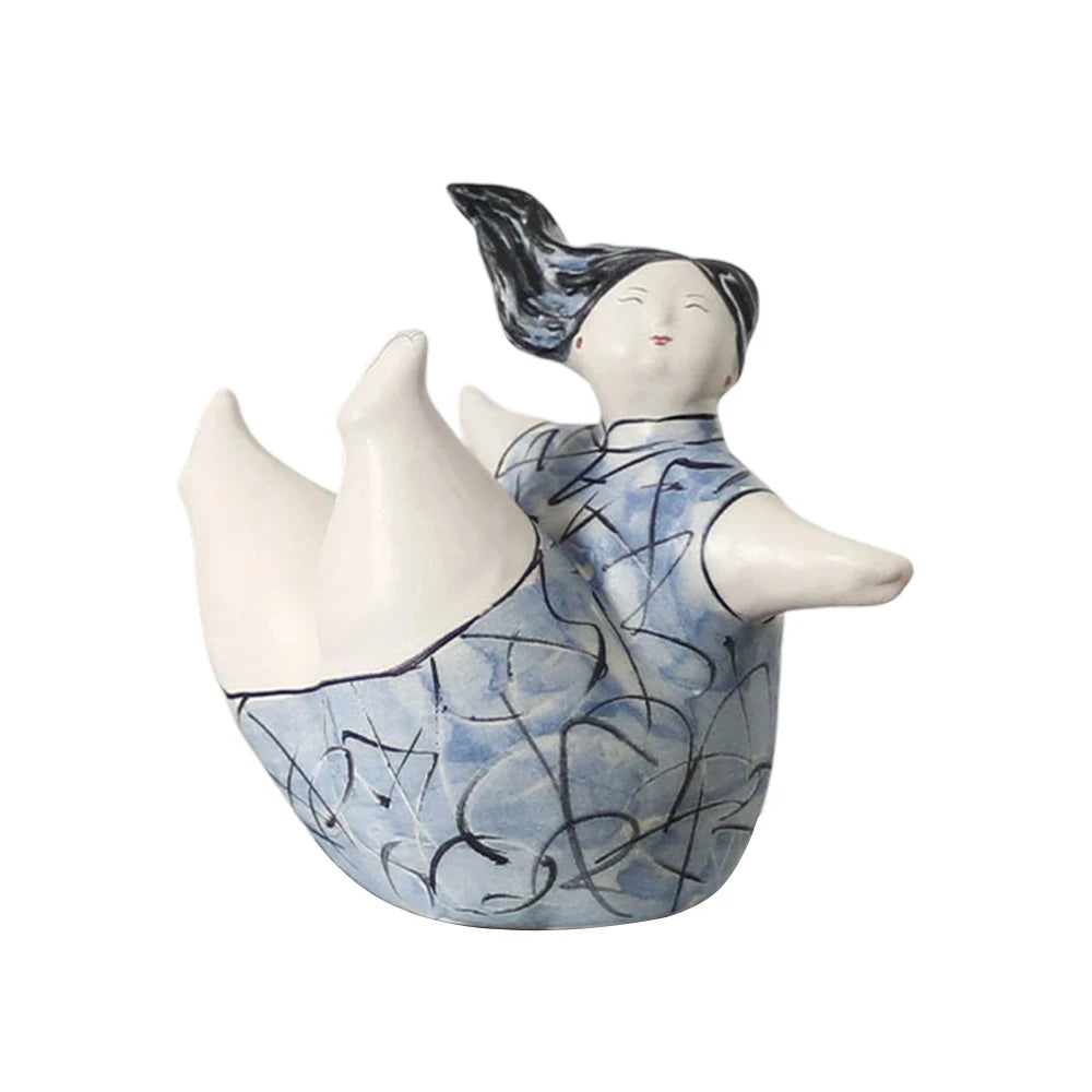 LIVARA Sculptural Ceramic Figurine - Expressive Dancing Form with Hand-Painted Line Art Finish, Artistic Statement Decor for Modern Interiors - Blue