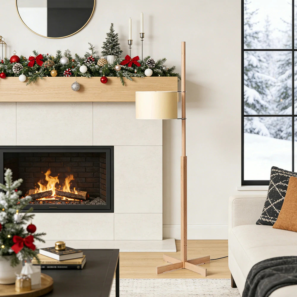 LIVARA Floor Lamp Soft Ambient Light Fabric Shade Wood-Grain Body Relaxed Home Style - Wood