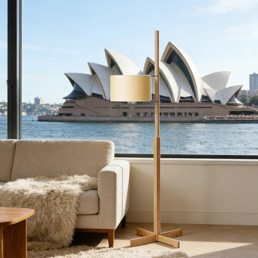 LIVARA Floor Lamp Soft Ambient Light Fabric Shade Wood-Grain Body Relaxed Home Style - Wood