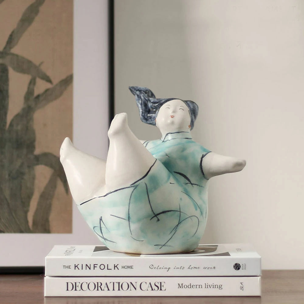 LIVARA Sculptural Ceramic Figurine - Expressive Dancing Form with Hand-Painted Line Art Finish, Artistic Statement Decor for Modern Interiors - Green