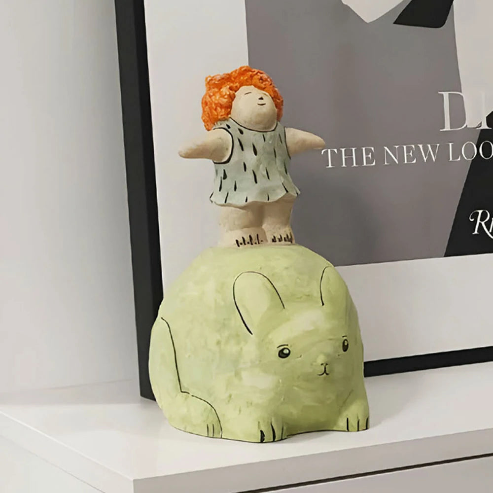 LIVARA Cartoon Ceramic Figurine - Playful Girl Design with Handcrafted Finish, Cute Decorative Accent for Shelves & Kids’ Rooms - Green