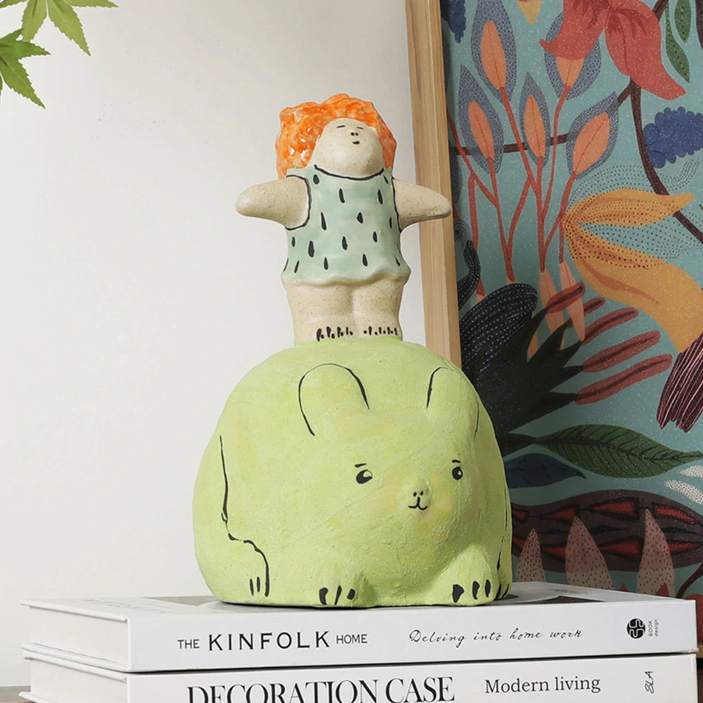 LIVARA Cartoon Ceramic Figurine - Playful Girl Design with Handcrafted Finish, Cute Decorative Accent for Shelves & Kids’ Rooms - Green