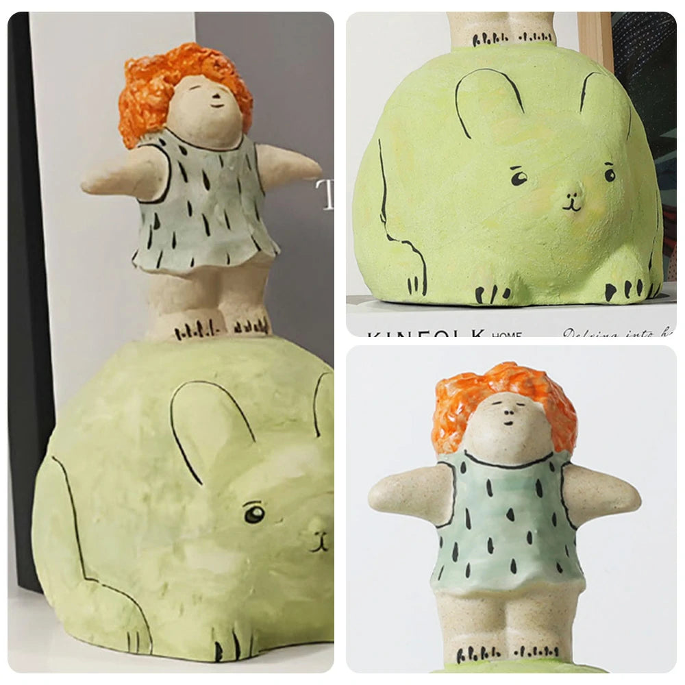 LIVARA Cartoon Ceramic Figurine - Playful Girl Design with Handcrafted Finish, Cute Decorative Accent for Shelves & Kids’ Rooms - Green