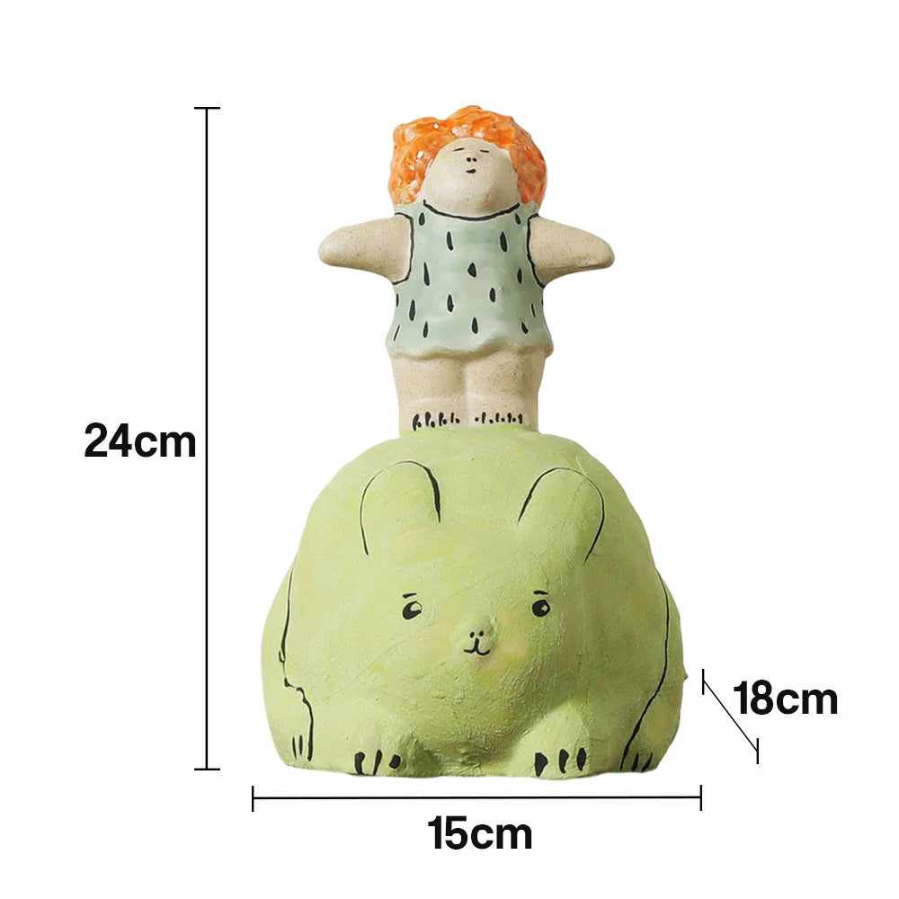 LIVARA Cartoon Ceramic Figurine - Playful Girl Design with Handcrafted Finish, Cute Decorative Accent for Shelves & Kids’ Rooms - Green