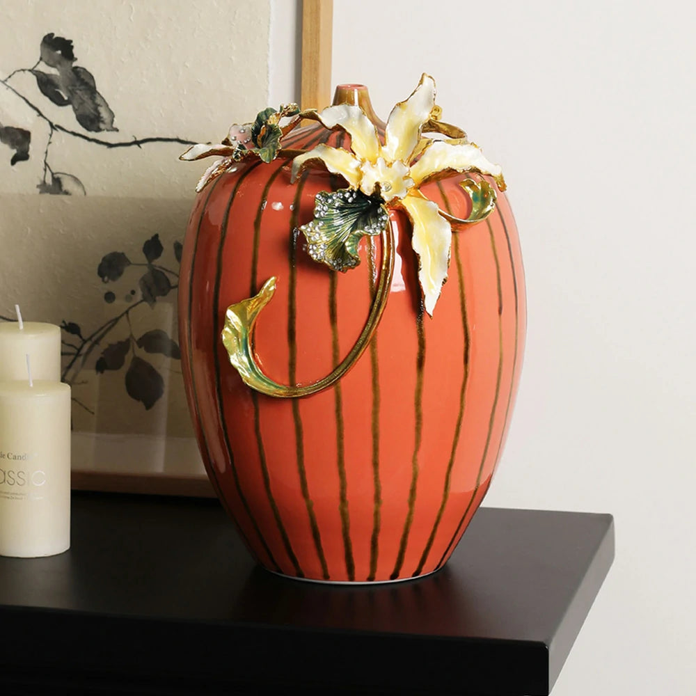 LIVARA Vintage Enamel Ceramic Vase - Sculptural Floral Relief with Handcrafted Gloss Finish, Elegant Statement Decor for Classic & Modern Interiors - Burnt Orange