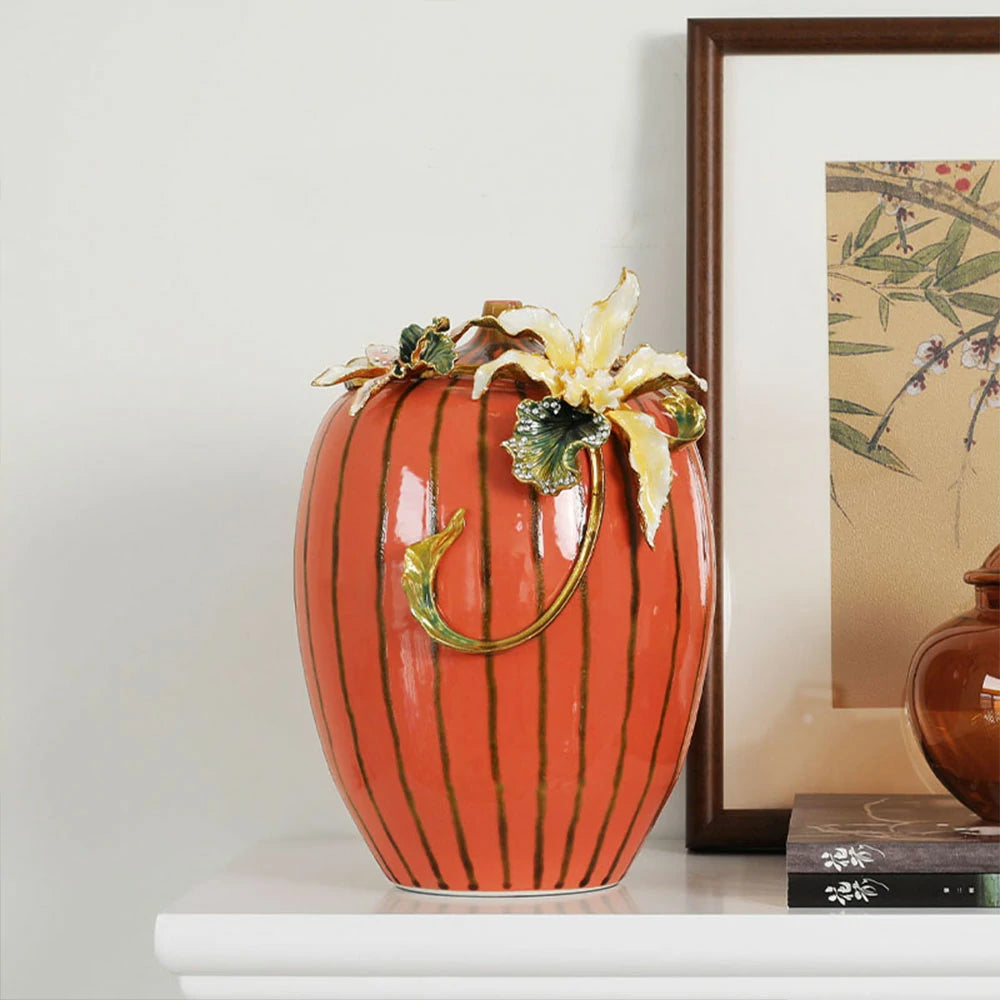 LIVARA Vintage Enamel Ceramic Vase - Sculptural Floral Relief with Handcrafted Gloss Finish, Elegant Statement Decor for Classic & Modern Interiors - Burnt Orange