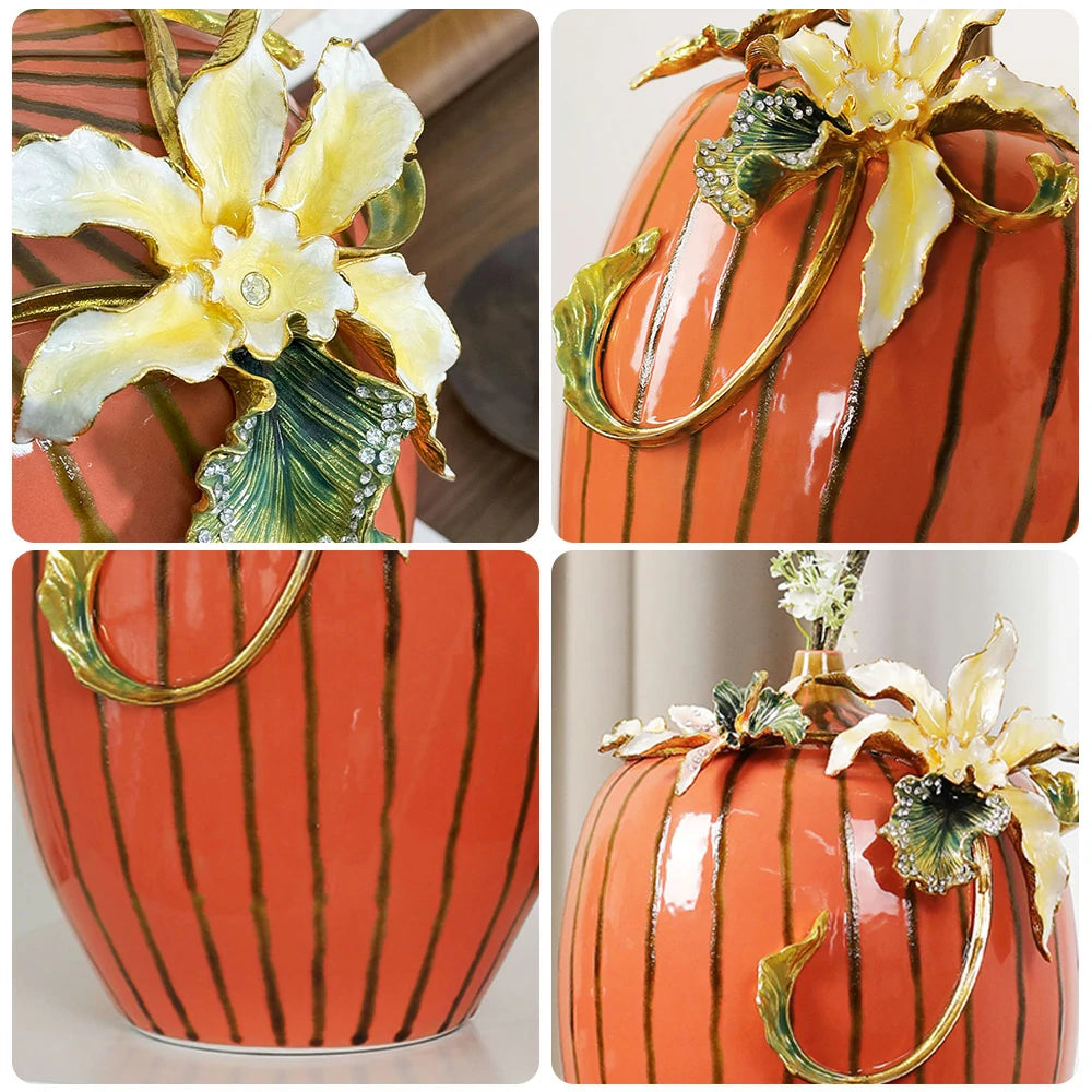 LIVARA Vintage Enamel Ceramic Vase - Sculptural Floral Relief with Handcrafted Gloss Finish, Elegant Statement Decor for Classic & Modern Interiors - Burnt Orange