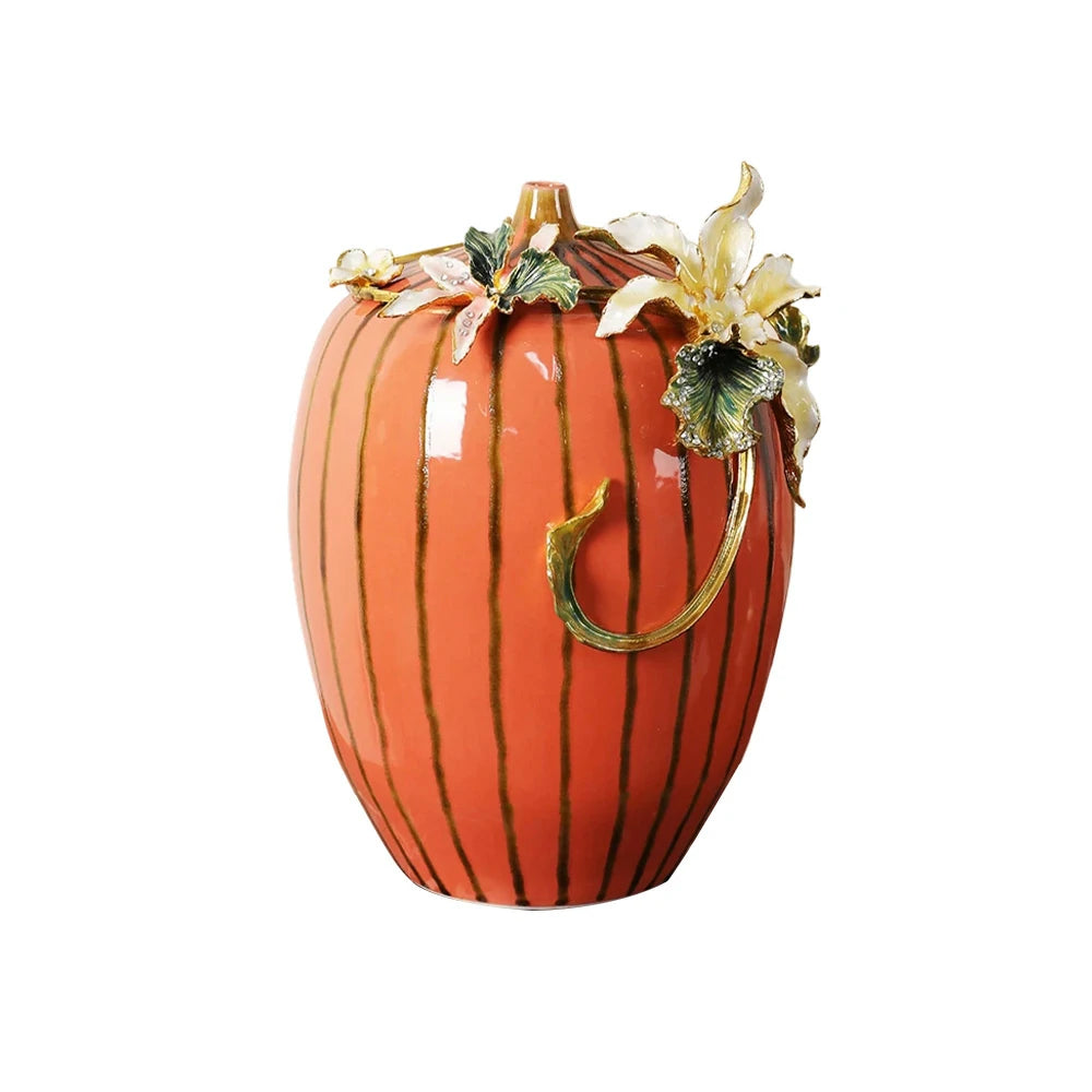 LIVARA Vintage Enamel Ceramic Vase - Sculptural Floral Relief with Handcrafted Gloss Finish, Elegant Statement Decor for Classic & Modern Interiors - Burnt Orange