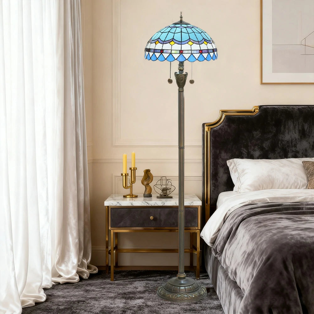 LIVARA Crystal Floor Lamp - High-Temperature Glass Shade, Copper Pendant, Dual Zipper Switch, E27 Socket, Adjustable Height for Soft Glow - Blue