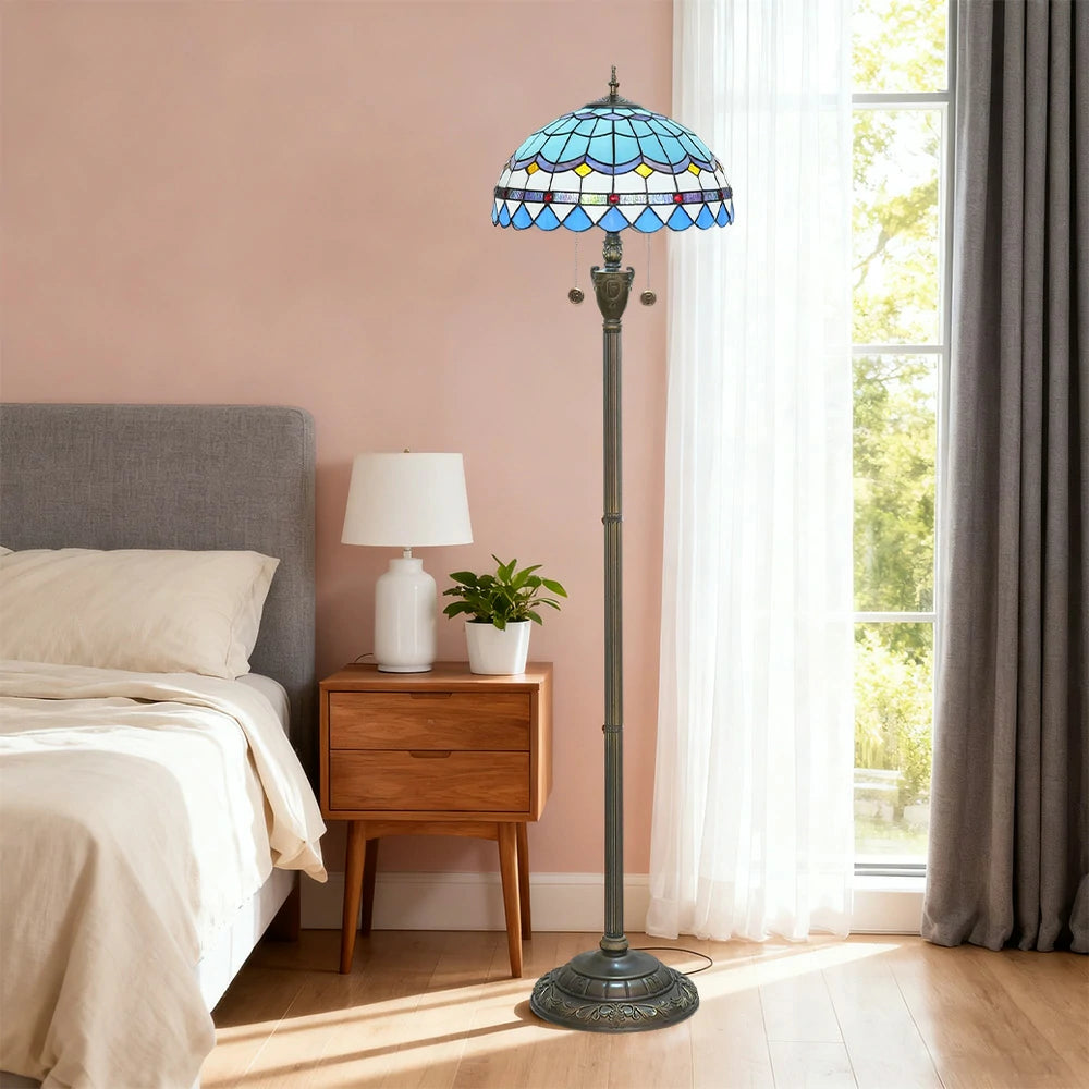 LIVARA Crystal Floor Lamp - High-Temperature Glass Shade, Copper Pendant, Dual Zipper Switch, E27 Socket, Adjustable Height for Soft Glow - Blue