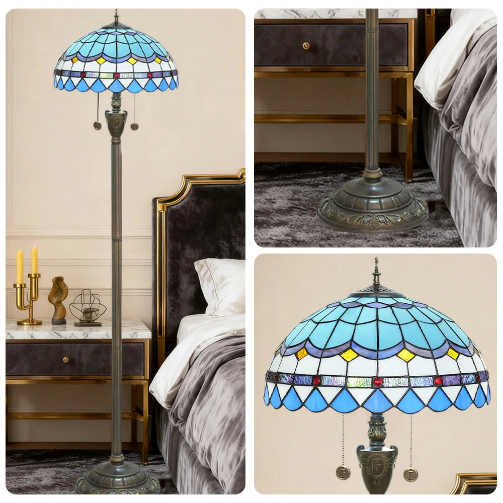 LIVARA Crystal Floor Lamp - High-Temperature Glass Shade, Copper Pendant, Dual Zipper Switch, E27 Socket, Adjustable Height for Soft Glow - Blue