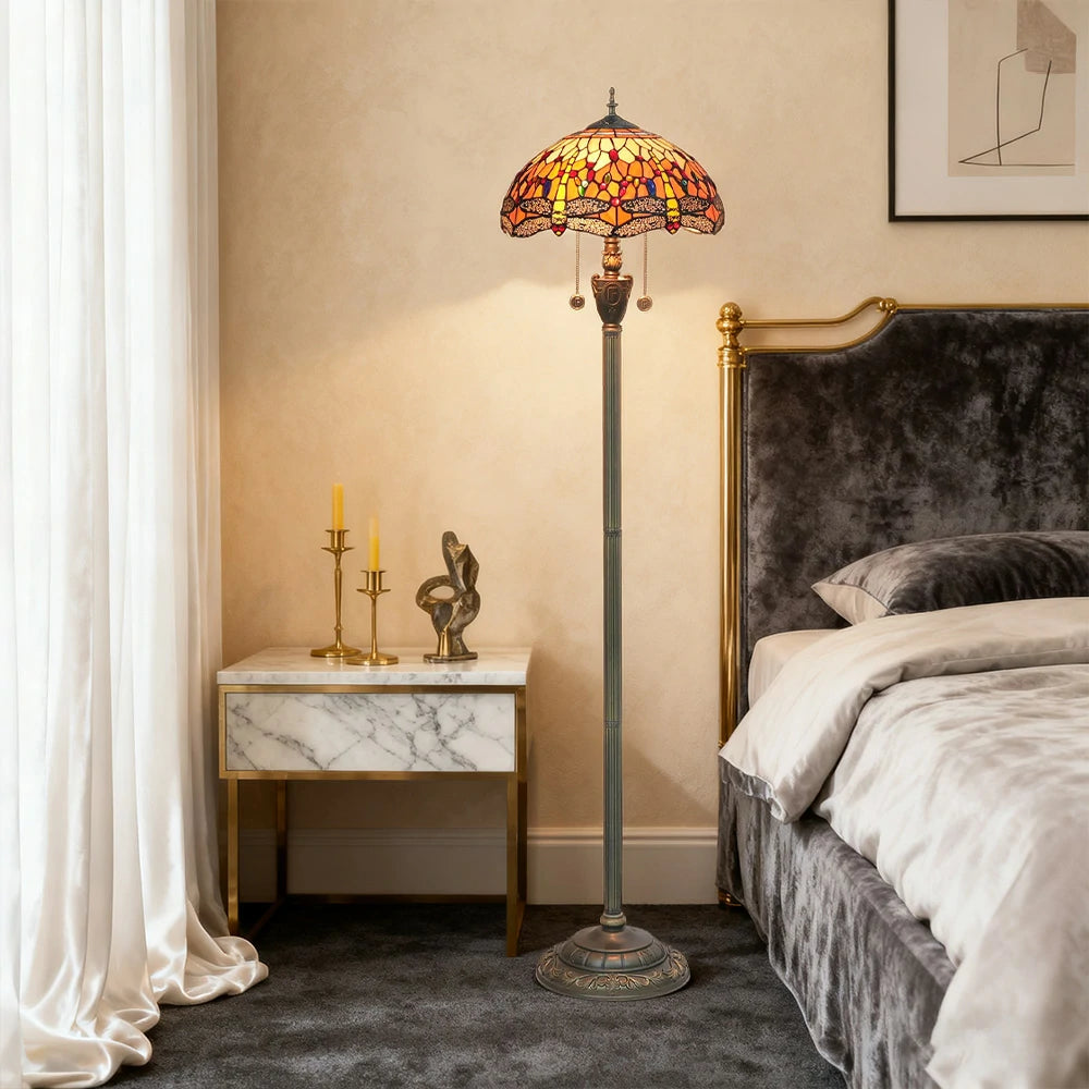 LIVARA Crystal Floor Lamp - High-Temperature Glass Shade, Copper Pendant, Dual Zipper Switch, E27 Socket, Adjustable Height for Soft Glow - Orange