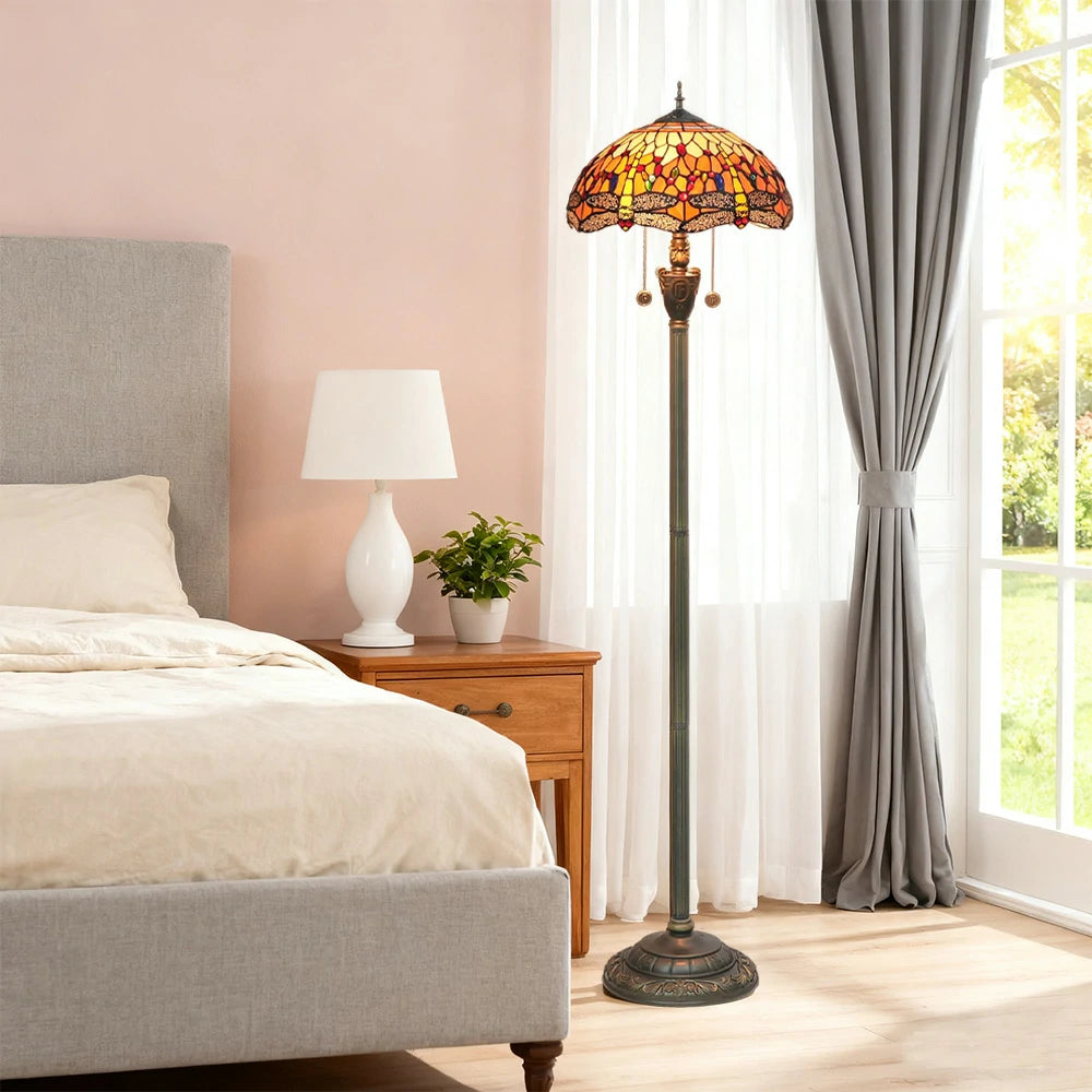 LIVARA Crystal Floor Lamp - High-Temperature Glass Shade, Copper Pendant, Dual Zipper Switch, E27 Socket, Adjustable Height for Soft Glow - Orange