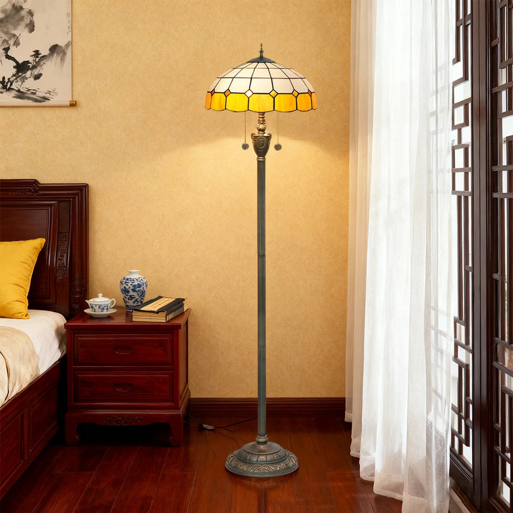 LIVARA Crystal Floor Lamp - High-Temperature Glass Shade, Copper Pendant, Dual Zipper Switch, E27 Socket, Adjustable Height for Soft Glow - Yellow